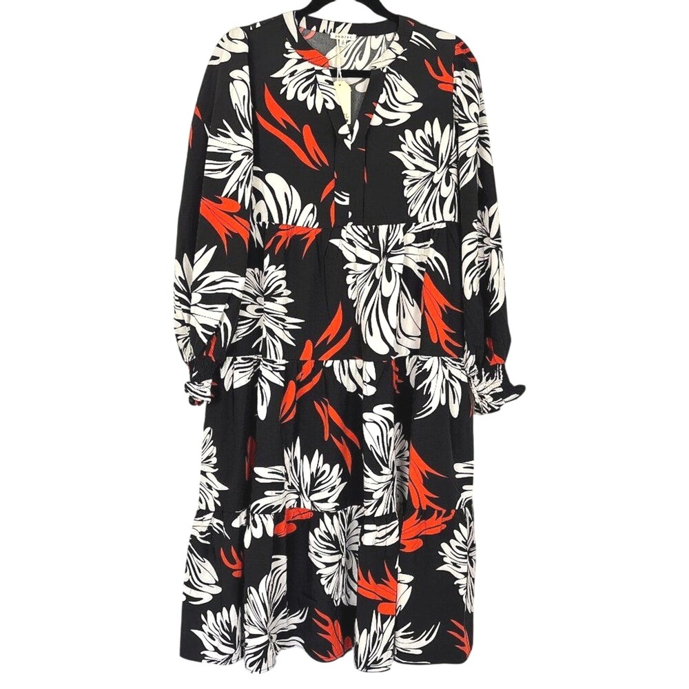Jodifl Floral Midi Dress Women's Small Black White Orange Long Sleeve Tiered